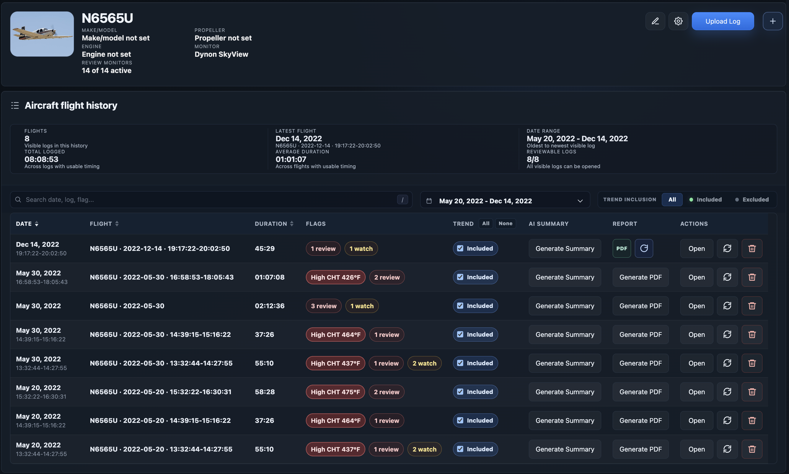Flights page showing the list of available aircraft logs and row actions for review